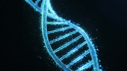Futuristic digital animation of a glowing blue DNA double helix strand rotating in dark space. Abstract scientific concept of genetic engineering and biotechnology - Powered by Adobe