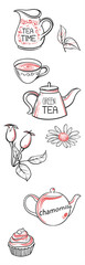 Hand drawn vector illustration icon set of tea coffee cup and bicycle silhouette art design