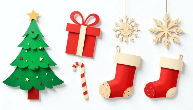 Paper Cut Christmas Tree, Red Stocking, Gift Box, and Candy Cane Set