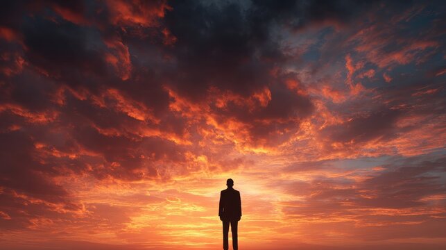 silhouette of young businessman against dramatic orange sunset sky with dark clouds symbolizing ambition and future challenges