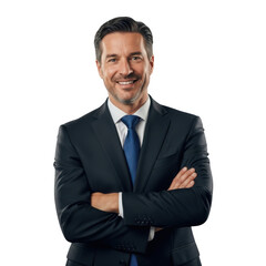 Smiling caucasian businessman in a dark suit and blue tie with arms crossed confidently isolated on transparent background