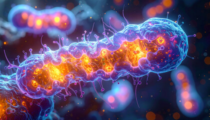 A vibrant microscopic view of glowing, rod-shaped bacteria with a fiery orange internal core.