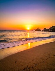 A serene ocean sunset with warm colors reflecting on the wet sand