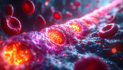 Vibrant, glowing red blood cells flowing through a microscopic artery, carrying life and energy.