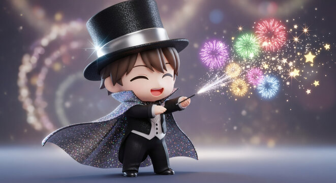Enchanting magician celebrates with fireworks, creating a vibrant and joyful atmosphere perfect for festive events and magical promotions