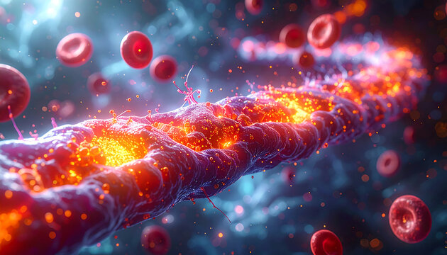 A microscopic view of red blood cells flowing around a glowing, energized blood clot or thrombus.