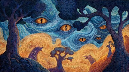 Surreal Dreamscape with Mystical Eyes and Enchanted Forest in Vibrant Colors