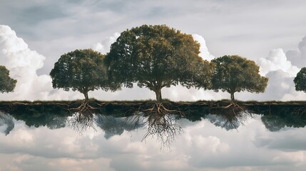 Serene Row of Trees with Reflective Water and Dramatic Sky in Natural Landscape
