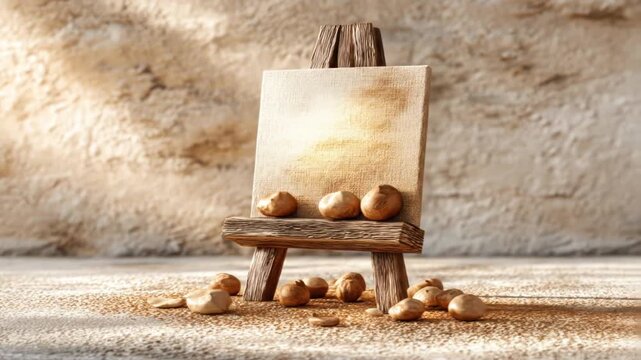 Still life featuring a miniature wooden easel with a blank canvas and small, textured, stone-like objects