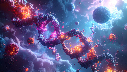 A magnificent DNA double helix chain drifts through a vibrant cosmic nebula with celestial planets.