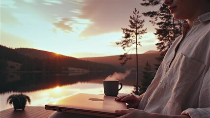 A person working on a laptop by a tranquil lakeside at sunset, embodying the digital nomad lifestyle.