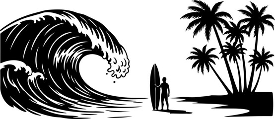 Fototapeta premium Surfer Wave and Island Silhouette Illustration