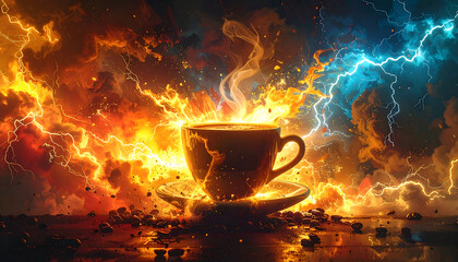 A steaming coffee cup at the center of a vibrant, elemental storm of fire and lightning.