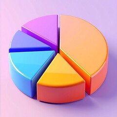 Obraz premium A 3D rendered pie chart, showcasing data visualization. Different colored sections are separated, floating on a solid light purple background