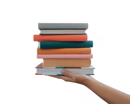 Hand holding stack of colorful books isolated on a transparent background - Powered by Adobe