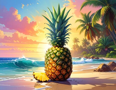 A vibrant pineapple sits on a sandy beach at sunset near the ocean - Powered by Adobe