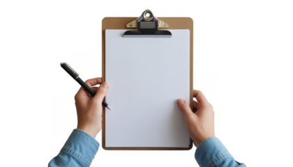Hands holding clipboard with blank paper and pen isolated on a transparent background