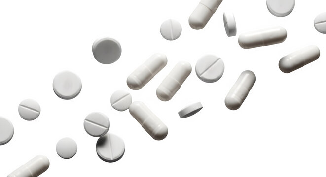 Medical pills and capsules falling isolated on transparent background