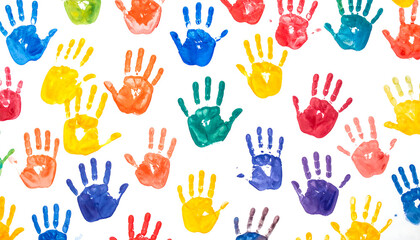 A vibrant and cheerful background of multicolored painted handprints from children, symbolizing creativity and diversity.