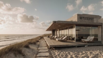 Obraz premium Coastal modern house overlooking a sandy beach at sunset. Large windows of a light-colored concrete house offer views of the ocean. 