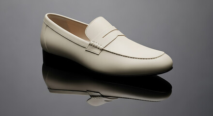 Elegant white leather loafer shoe on glossy surface