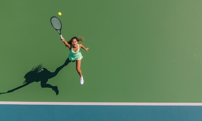 tennis player in white and black outfit jumping to hit ball on green padel court with black net and white lines, sports action and competition scene, ideal for athletic promotions or fitness content.