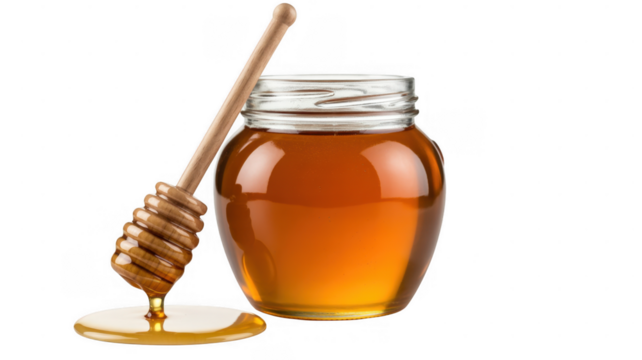 Honey jar and dipper with dripping honey isolated on a transparent background