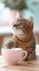 Adorable Kitten Playing with a Pink Teacup in a Cozy Setting