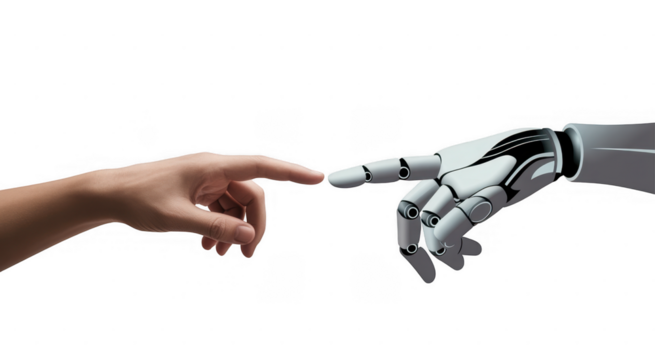 Human and robot finger touching isolated on a transparent background