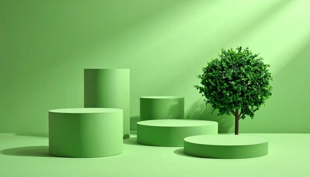 Minimalist Green Podiums with Tree on Monochromatic Background