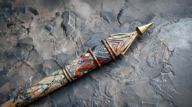 Ornate handcrafted dagger with intricate patterns and colorful rings on handle