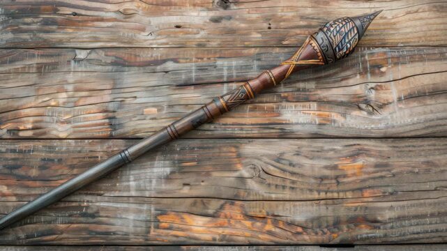 Ornate wooden scepter on rustic surface, intricate carvings and patterns