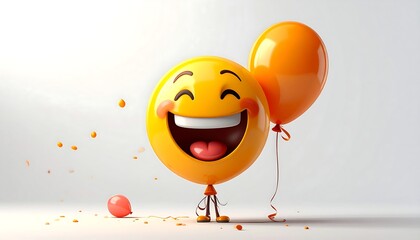 A 3D rendered yellow smiling emoji with rosy cheeks, holding an orange balloon, with a small pink balloon on the floor