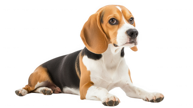 A beagle dog lying down looking to the side on a black background on transparent background