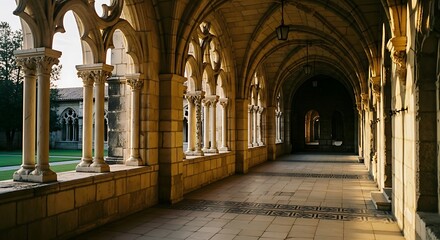 Fototapeta premium Sunlit Gothic Cloister Walkway with Arched Windows and Stone Columns.