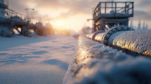 closeup of a snowcovered industrial pipeline gleaming in the sunrise the frosty landscape and machinery create a stark contrast symbolizing resilience in winters grip - Powered by Adobe