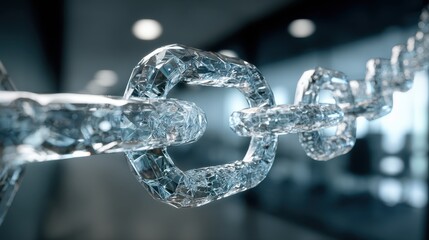 abstract transparent chain symbolizing blockchain connection and digital trust concept in futuristic office environment representing secure business networks and technology collaboration