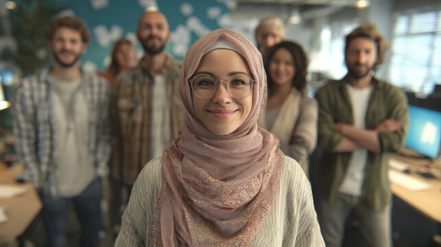 a diverse team smiles in a workplace with a woman in hijab at the forefront of the image - Powered by Adobe
