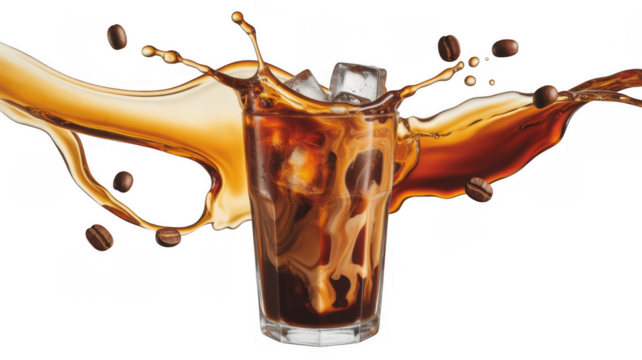 Iced coffee splash with beans isolated on a transparent background