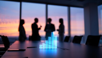 Business meeting with holographic graph overlay at sunset in modern office