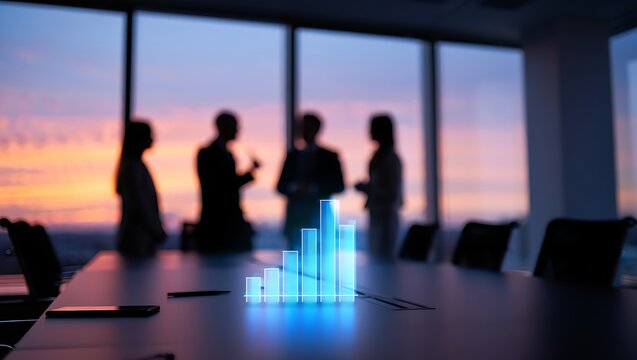 Business meeting with holographic graph overlay at sunset in modern office - Powered by Adobe