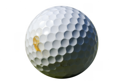 Dirty golf ball with dimples isolated on a transparent background