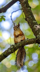 Fototapeta premium A squirrel is perched on a tree branch, observing surroundings