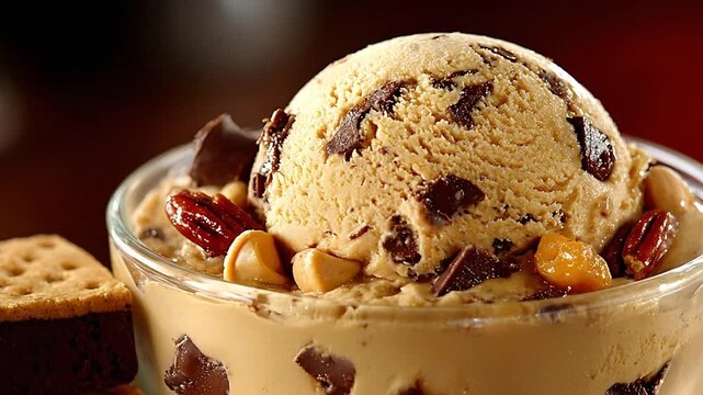 A generous scoop of rich caramel chocolate chip ice cream with pecans and nuts in a clear glass bowl, close up with a dark background, looking delicious and indulgent.