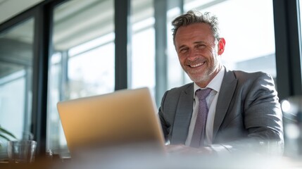 smiling mature adult business man executive sitting at desk using laptop happy busy professional mid aged businessman ceo manager working on computer corporate technology in office