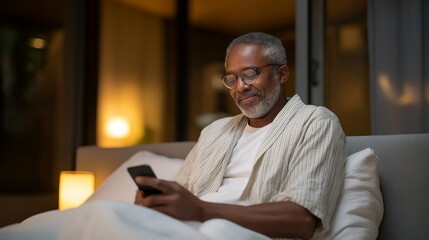 A senior man receiving a digital home check-up via smart health devices, including blood pressure cuffs and oxygen monitors connected to a healthcare app — remote monitoring, preventive wellness,