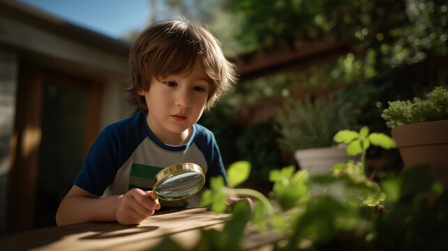 A child exploring the backyard with a magnifying glass, sunlight catching the lens as they inspect leaves, insects, and tiny stones &mdash; early science curiosity, outdoor learning, and childhood