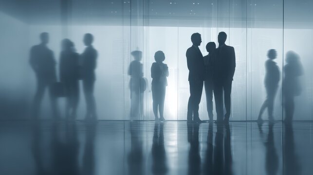 silhouettes of a professional business team collaborating behind a frosted glass wall in a modern architectural corridor - Powered by Adobe
