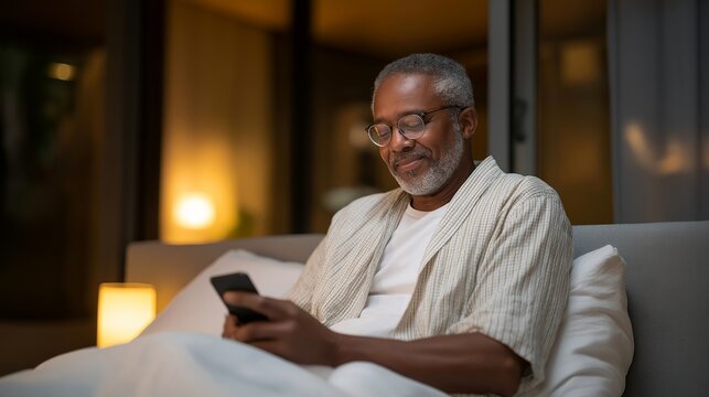 A senior man receiving a digital home check-up via smart health devices, including blood pressure cuffs and oxygen monitors connected to a healthcare app — remote monitoring, preventive wellness,