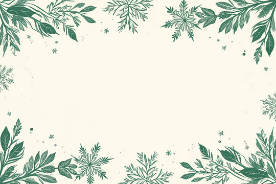 Elegant Winter Holiday Border with Green Snowflakes and Evergreen Branches on Cream Background
